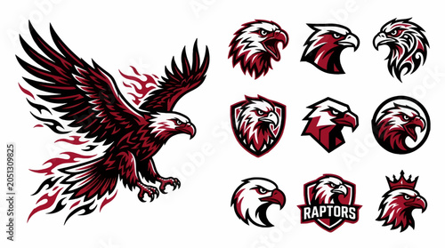 Bild auf Leinwand Collection of Flat Vector Eagle and Raptor Logos with Flames, Shields, and Crown