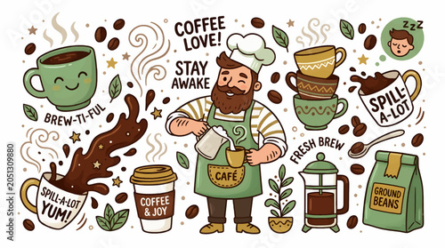 Canvas Print Whimsical Cartoon Coffee Collection with Barista, Cups, Beans, and French Press,