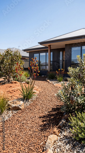 Modern dark cladding residential house with sustainable xeriscape gravel front yard garden featuring native Australian kangaroo paw and banksia flower