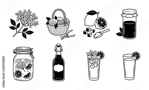 Fotografía Elderflower and Lemonade Ingredients, Drinks, and Preserves Vector Icons Set