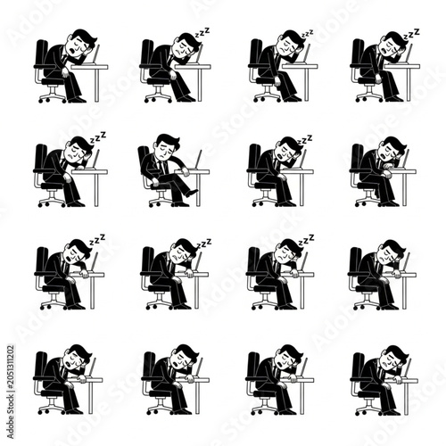 Tableau sur toile Series of black and white icons depicting sleep deprivation.