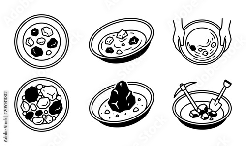 Bild auf Leinwand Gold Panning Icons, Prospecting Tools, Mining Equipment, Rock Collection, Vintag
