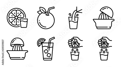 Εκτύπωση καμβά Citrus Juice Icons: Fresh Orange, Lemon Squeezer, Drink Preparation, Vector Elem
