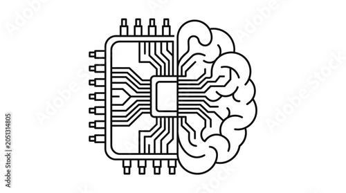 Brain and microchip line art icon on white background.
