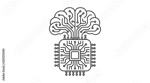 Brain circuit growing from CPU chip line icon.