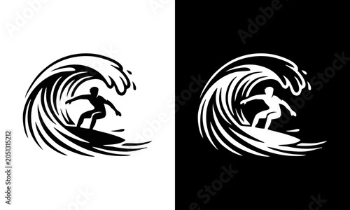 Photography Surfer riding a large wave, black and white graphic illustration representing th