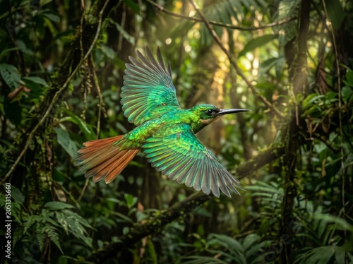 Vibrant Green Jacamar Bird in Flight Through Lush Rainforest.