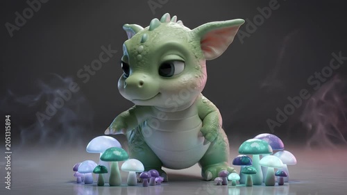 Cute green cartoon baby dragon sitting with colorful easter eggs in smoky atmosphere