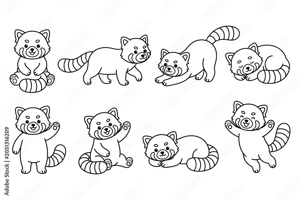 Obraz premium Set of red panda cartoon illustrations in different poses and emotions line art