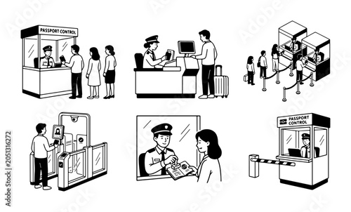 Passport Control, Border Security, Immigration Checkpoints, Travel Documentation, Airport Security Icons
