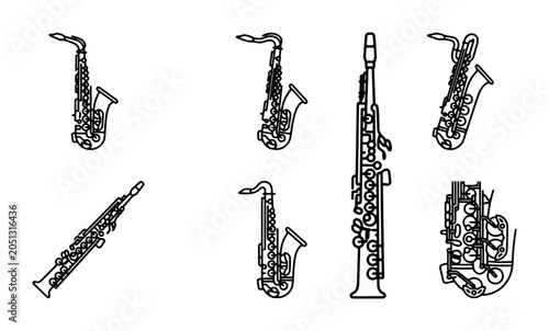 Photography Saxophone and Clarinet Vector Icons, Musical Instruments Collection, Jazz Band E