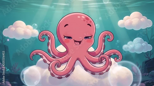 Whimsical pink octopus surfs on fluffy clouds in a sunlit underwater cartoon scene