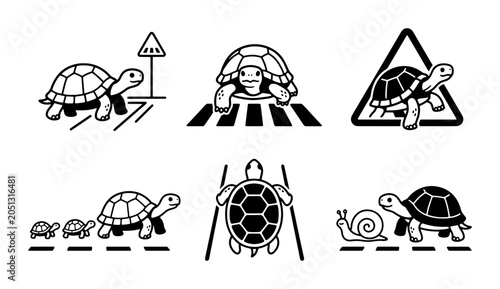 Slow Tortoise Icons, Traffic Signs, Pedestrian Crossing, Road Safety, Animal Concepts
