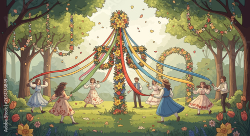 Maypole Dance Spring Celebration Illustration