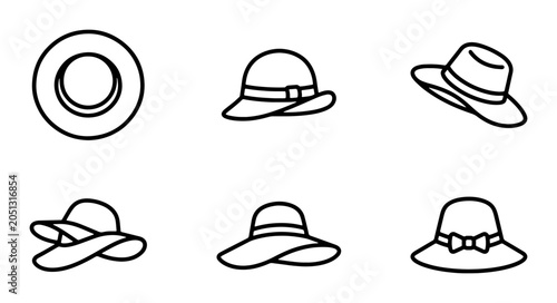 Fashionable Hats Vector Icons Set, Summer Headwear Collection, Elegant Ladies' Accessories, Simple Outline Graphics
