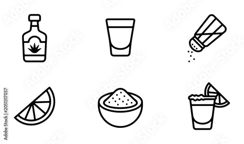 Tequila Shot Icons, Lime Slice, Salt Shaker, Agave Spirit Bottle, Margarita Glass, Bar Elements