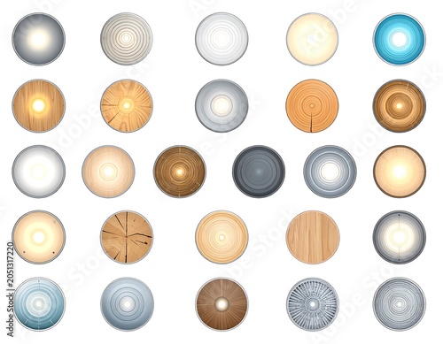 A collection of 28 circular icons with various woodgrain and metallic textures