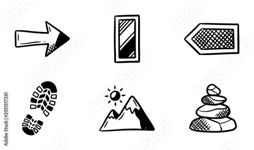 Canvas Print Doodle Icons: Arrows, Footprint, Mountain, Zen Stones, Mirror, Set for Navigatio