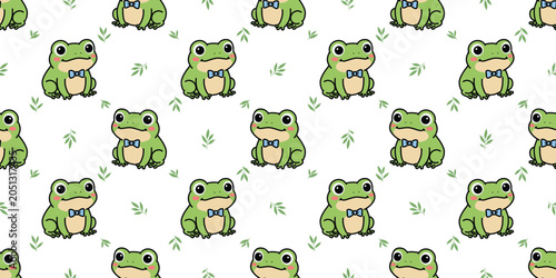 Seamless Pattern Cute Kawaii Frog Cartoon Character with Blue Bow Tie And Leaf, Vector Illustration