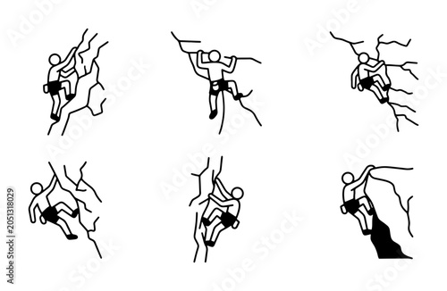 Schilderij op canvas Rock Climbing Icons, Mountain Adventure Vector Set, Extreme Sports Silhouette Co