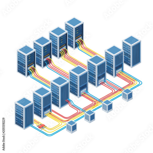 Isometric Server Racks Connected by Colorful Cables in a Data Center Network.