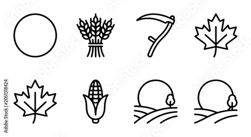 Bild auf Leinwand Harvest Icons: Wheat, Corn, Maple Leaves, Scythe, Sun, Fields, Circle, Nature Sy