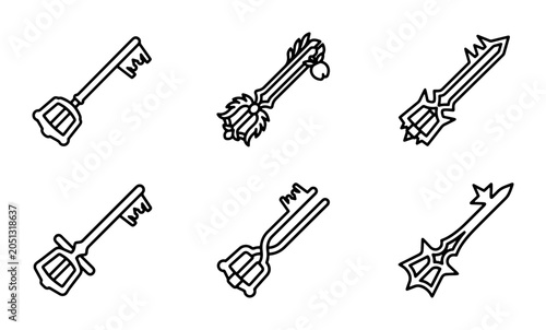 Keyblade Icons, Fantasy Weapon Symbols, Magical Key Tools, Game Asset Graphics