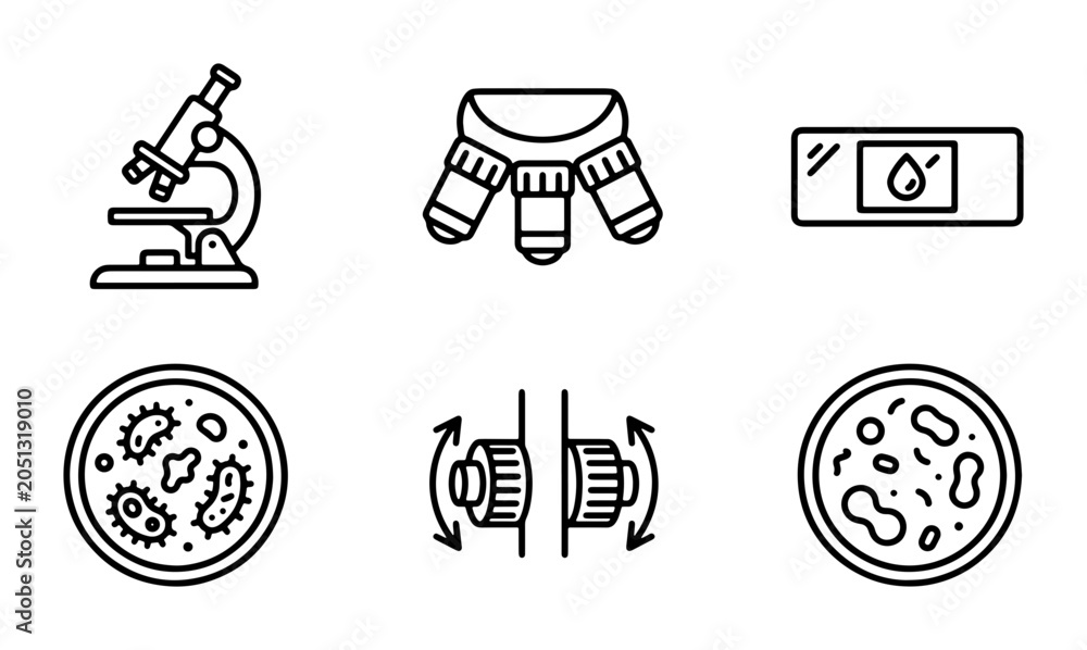 Fototapeta premium Microscope Icons Set, Science Lab Equipment, Medical Research Symbols, Biology Study Graphics