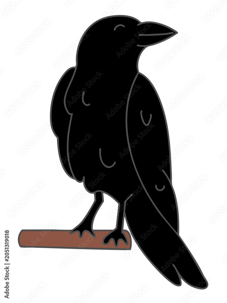 Fototapeta premium Cute black crow perched on a branch in simple cartoon vector style.