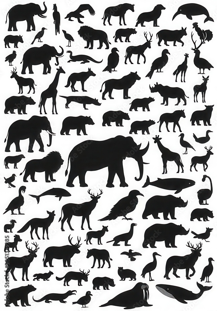 Fototapeta premium Comprehensive Collection of Wild Animal Silhouettes Set Isolated on White Background for Design Projects