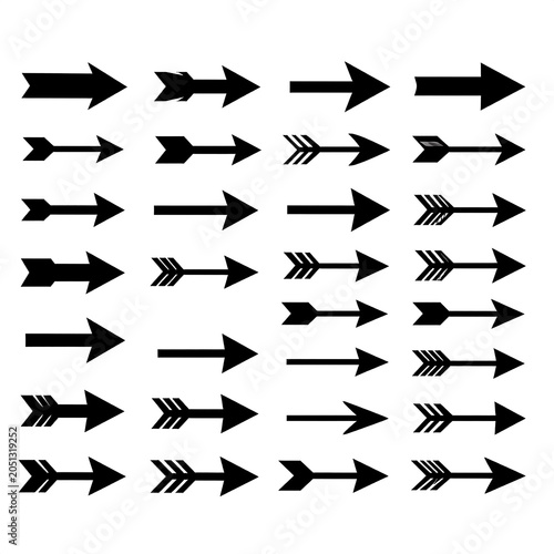 A collection of 30 black arrow icons on a white background