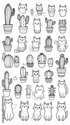 A collection of 30 black and white illustrations of cats and cacti in pots