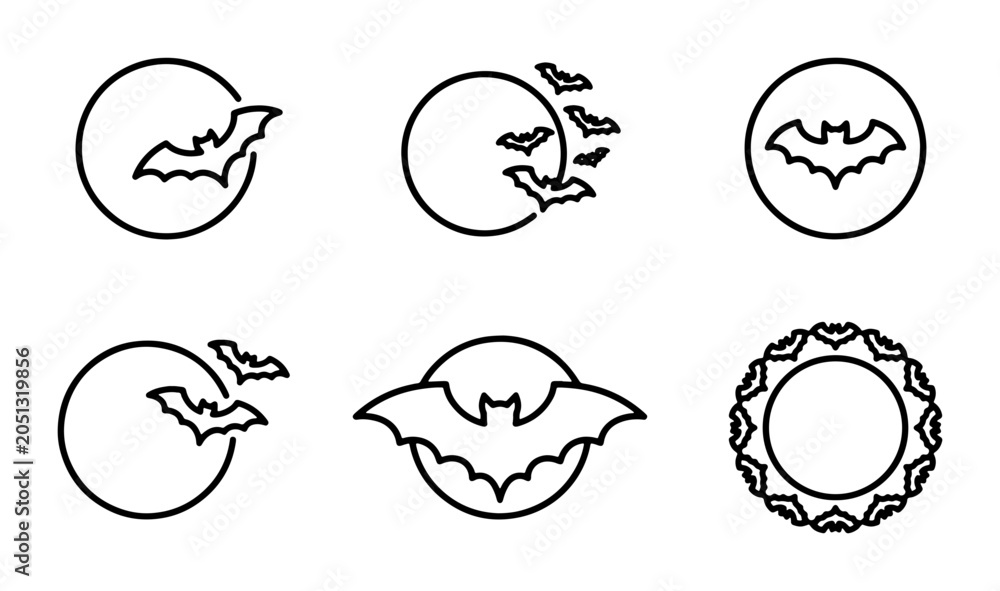 Fototapeta premium Halloween Bat Icons, Moon & Circle Vector Graphics Set, Spooky Night Symbols Collection