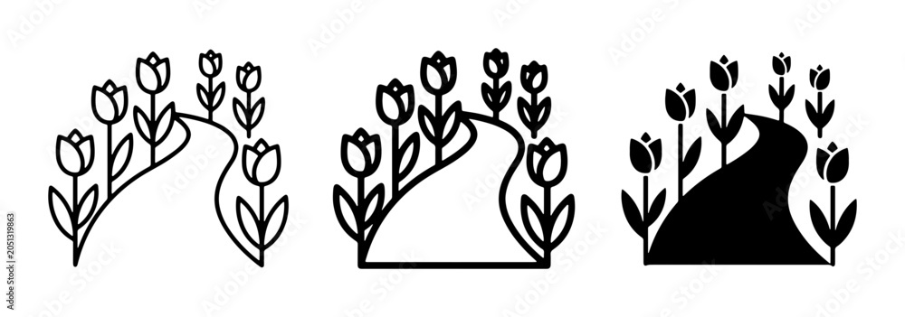 Fototapeta premium Tulip Garden Path Icons, Spring Floral Road Vector Graphics, Nature Walk Symbols