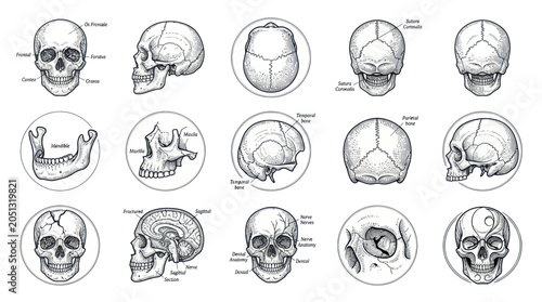 Quadro su tela Human Skull Anatomy Illustrations, Medical Diagram Views and Bone Structure