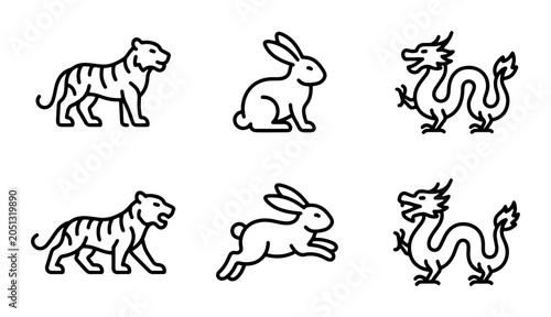 Schilderij op canvas Chinese Zodiac Animals Icons Set, Dragon Tiger Rabbit Vector Graphics, Lunar New