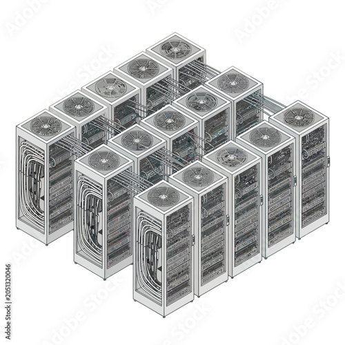 Isometric view of a server rack system with multiple units and cooling fans.