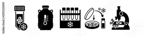 Konstfotografi Vector icon set illustrating the cryopreservation process of oocytes, including freezing, storage in nitrogen tanks, and lab analysis for fertility treatments