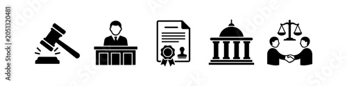 Tableau sur toile Set of five black law and justice icons featuring a gavel, judge at a bench, sealed legal document, courthouse building, and handshake with scales of justice
