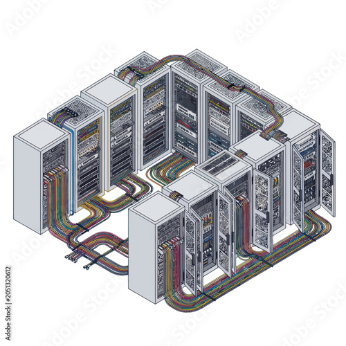 Isometric view of a server room with multiple racks and intricate cabling.