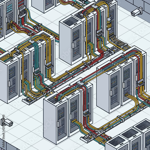 Isometric view of a server room with multiple racks and intricate cabling.
