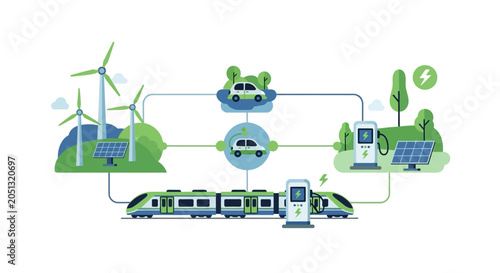 Sustainable Transportation and Renewable Energy Infrastructure Illustration featuring Wind Turbines, Solar Panels, Electric Cars, and High-Speed Train Network