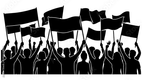 Crowd of people holding black protest flags rallying together isolated on transparent background, Vector