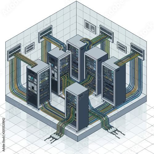 Isometric view of a server room with multiple server racks and extensive cabling.