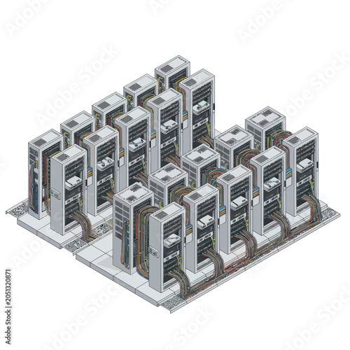 Isometric view of a server room with multiple server racks and network cables.
