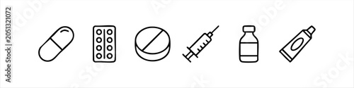Set of hand-drawn medical line icons featuring pills, capsules, syringe, vial, and ointment tube. Minimalist doodle style vector illustrations for healthcare and pharmaceutical design projects.