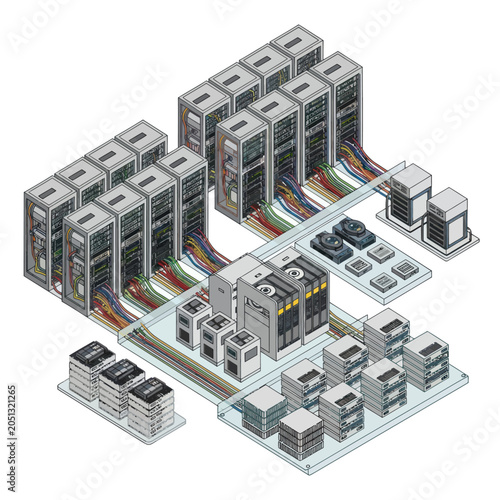 Isometric view of modern data center server racks and network infrastructure.