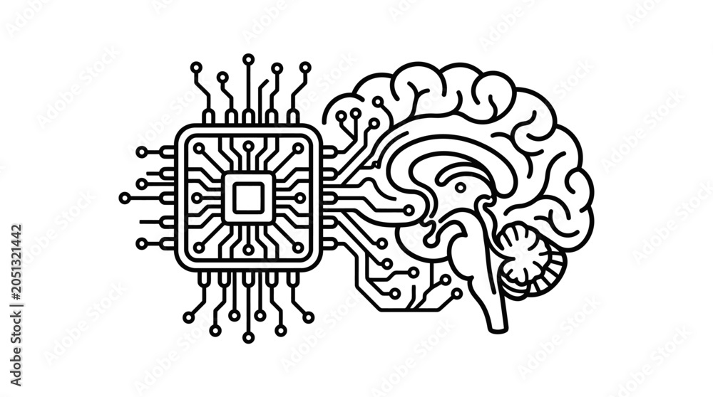 Fototapeta premium Human brain profile connected to a computer microchip