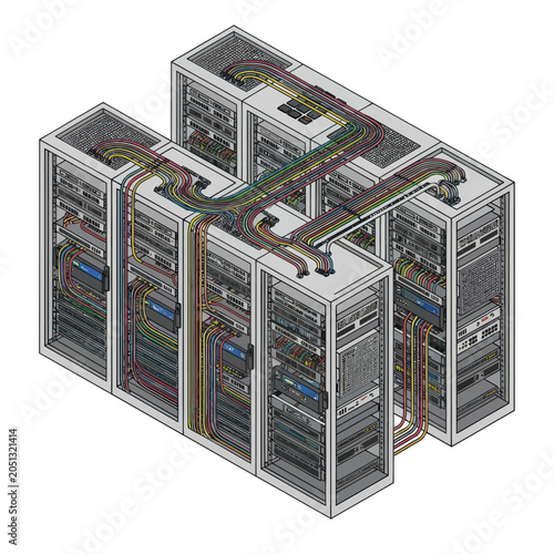 Isometric view of server racks with intricate cable management in a data center.