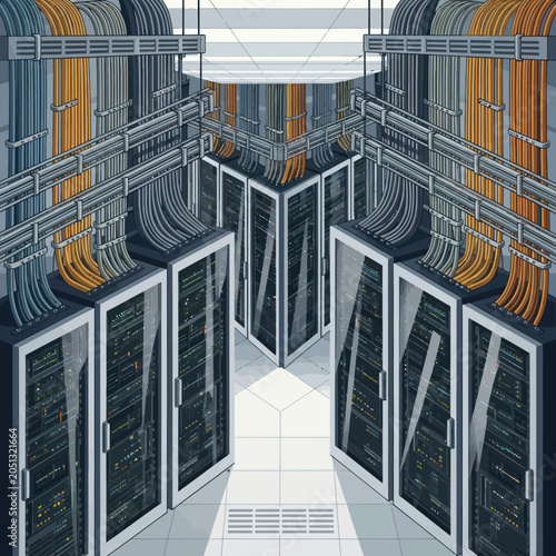 Modern data center infrastructure with server racks and network cabling.